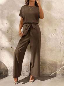 Clasi Pantalones de peto casuales de unicolor y plisados para uso diario de mujer - Café integral - Ver 4