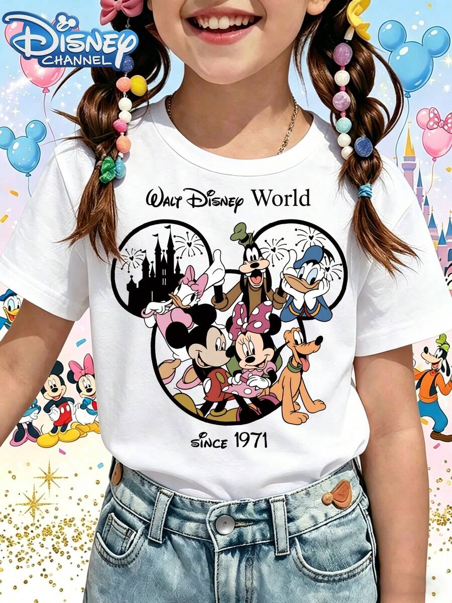 Disney T-Shirt Short Sleeves Are Made Of 100% Pure Cotton FabricDisney Channel Kids T Shirt White Walt Disney World Mickey Mouse Minnie Donald Goofy Pluto Castle Since 1971 Print For Theme Park Outing Party WearA Gift Suitable For Girls - trắng - Xem 1