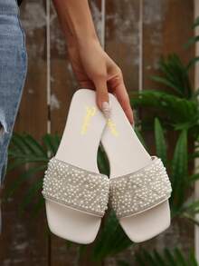 Sandalias planas de mujer para verano con tiras, puntera cuadrada, tachuelas y decoración de rhinestones - Blanco - Ver 3
