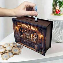 Hucha artística de madera hecha a mano, caja decorativa rectangular para almacenar monedas, adecuada para decoración del hogar, exhibición en bibliotecas, regalos de Halloween y Navidad, pequeño organizador - Multicolor - Ver 4