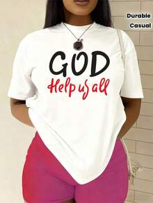 Women's Short-Sleeved T-Shirt With "God Help Us All" Print, White, Round Neck, Casual Cotton T-Shirt, Medium Stretch Knit Fabric, Regular Fit For Ladies, Ideal For Spring/Summer/Autumn. - 白色 - 查看 6