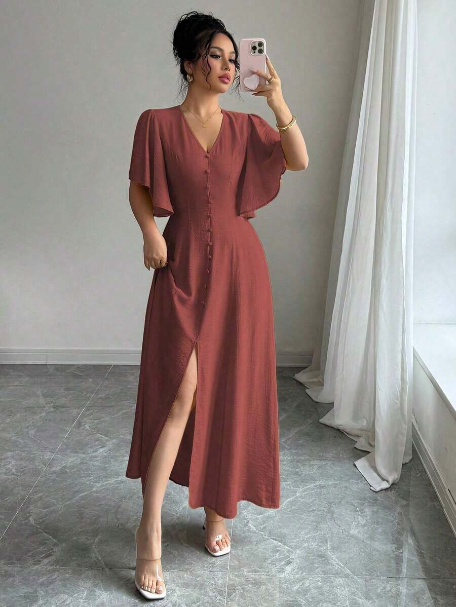 Vestido midi con cuello en V, cintura ceñida, línea A, adornado con botones en el bajo, abertura, mangas abullonadas, en base color albaricoque con grandes lunares marrón oscuro, elegante y vintage francés, apropiado para oficina, paseo, playa, fiesta, hogar, cómodo, estilo bohemio, primavera/verano - Óxido marrón - Ver 1