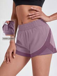 NcmRyu 1pc Women Solid Color Elastic Waist Lined Shorts, Short Style Side Slit Mesh Patchwork Sports Shorts - Purple - View 2