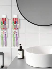 1pc Toothbrush Holder, Wall Mounted 2-In-1 Toothbrush Organizer , No Drill Self Adhesive Bathroom Storage, Quick Drainage Toothbrush Rack For Shower(Beige) - Beige - View 5