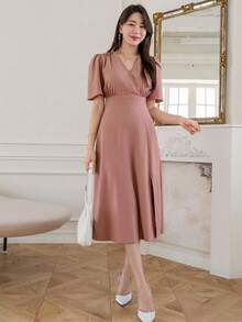 Vestido unicolor de manga farol de muslo con abertura - Rosa vieja - Ver 8