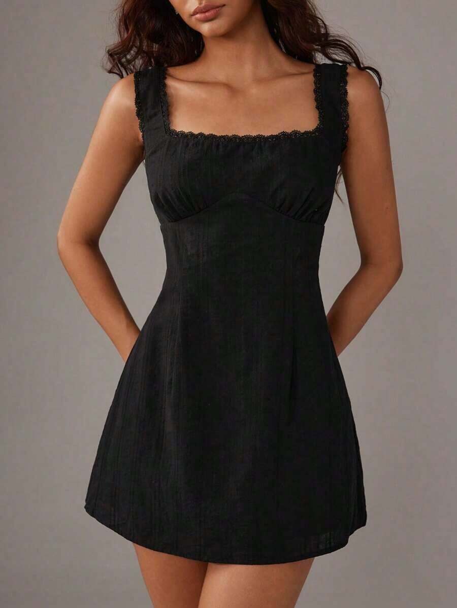 Vestido entallado de línea A con adornos de encaje floral para primavera/verano - Negro - Ver 1
