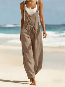Jumpsuit Musim Panas Wanita, Romper Wanita Musim Semi/Panas, Cocok untuk Liburan/Santai/Rumah/Pakaian Sehari-hari, Celana Panjang Wanita dengan Kancing dan Tali Serut di Pinggang, Pakaian Liburan Wanita - Mocha Brown - View 7