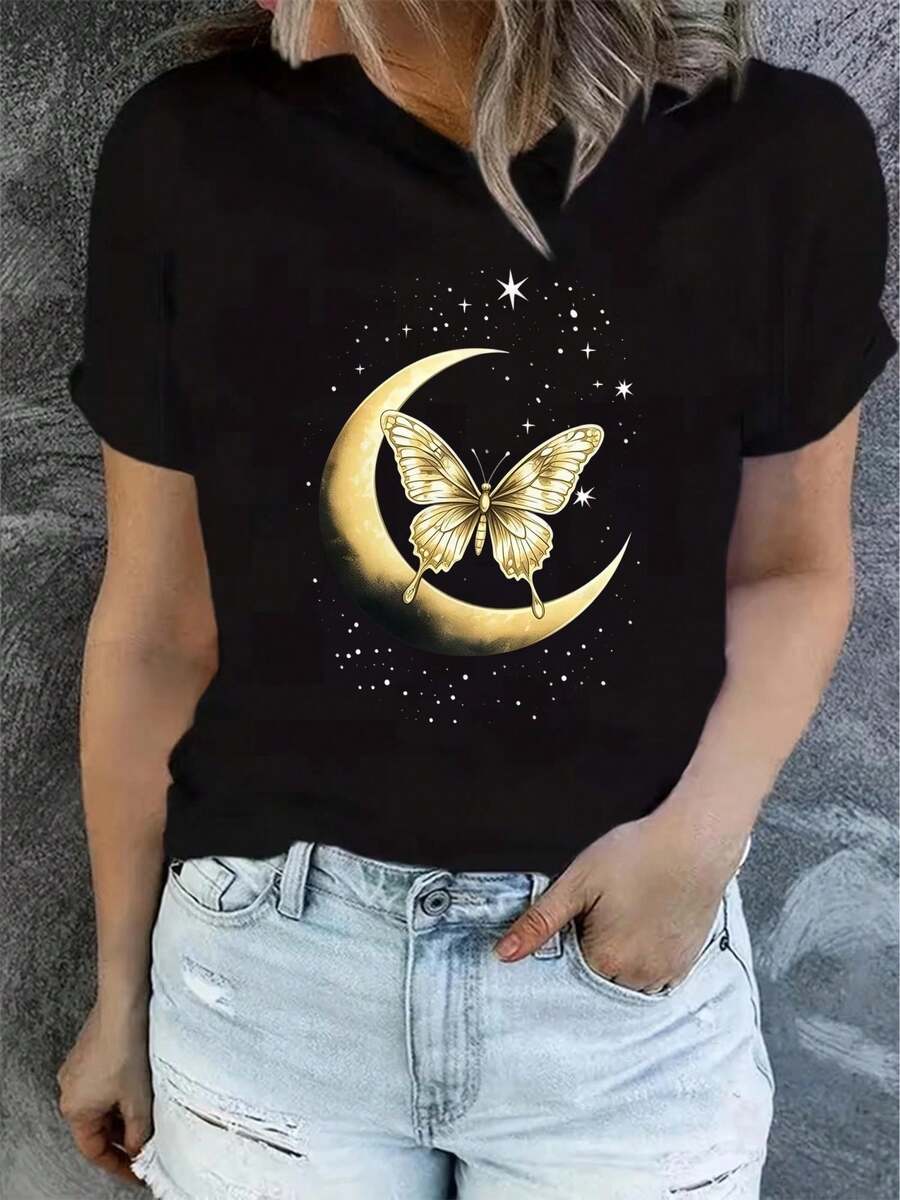 1 Women's Summer Short Sleeve T-Shirt With Print, Modern And Casual, Machine Washable, Comfortable Fit, 2D Flat Print, 180g 100% Cotton. - 黑色_01 - 查看 1