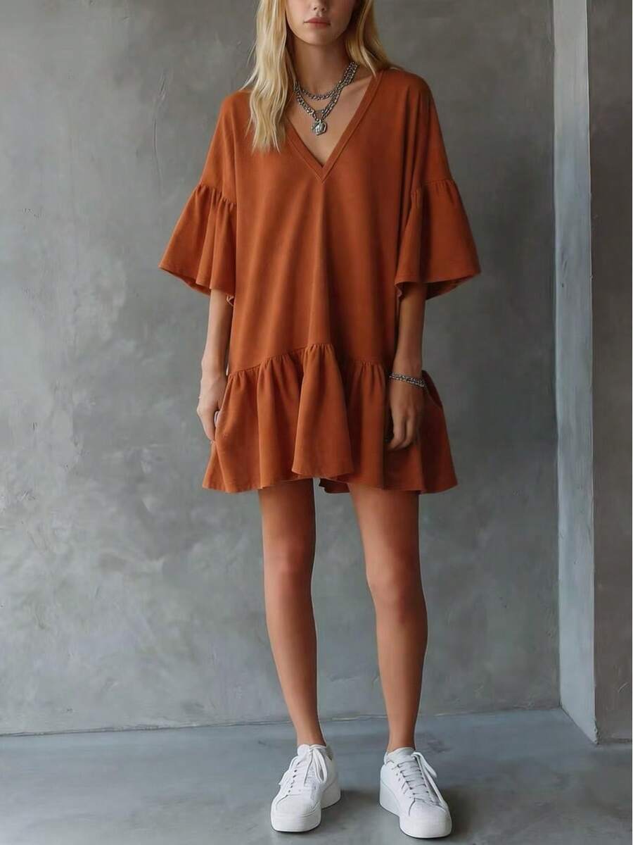 2026 Nuevo en Stock Falda Corta Holgada de Verano para Mujer con Volantes y Cuello en V de Color Sólido - Blanco - Ver 1