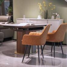Dining Chair Set Of 2 – Modern Fabric Chair With Armrests And Gold-Plated Metal Legs. Luxurious Dining Room Furniture For Living Room, Kitchen & Reception Room - Brown - View 5