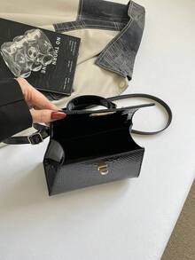 Fashionable Crocodile Embossed PU Glossy Women's Handbag, Gold Twist Lock Design, Detachable Adjustable Shoulder Strap, Suitable For Commuting, Dating, Party And Casual Daily Use Elegant Ladies Bag - Black - View 6