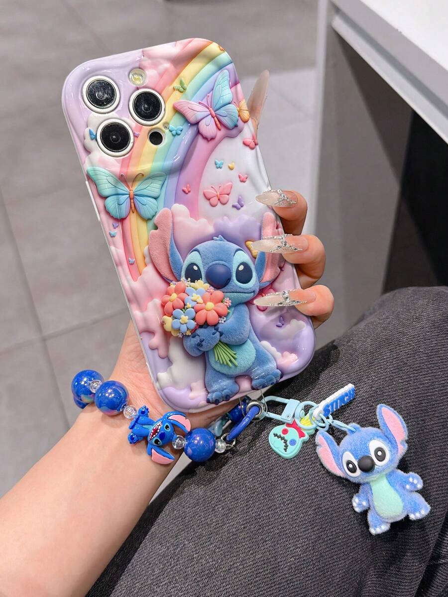 Disney Has Authorized, Phone Case - Chain Set, The Stitch Lilo & Stitch 3D Phone Case Plus A Silicone 3D Stitch Bracelet With Metallic Ring Removable Bracelet, Stitch And Angel Pattern, Compatible With Iphone17/16/15/14/13/12/11/XS/XR/X Plus Pro Max, A Stylish Cartoon Phone Case, The Perfect Gift Choice, Phone Protection, Durable Phone Cover, Great Gift For Friends And Family. - trắng - Xem 1