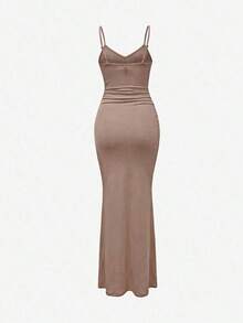 1 pieza Vestido de punto largo elegante y entallado sin mangas color albaricoque, vestido de fiesta formal con tirantes de espagueti - Caqui - Ver 4