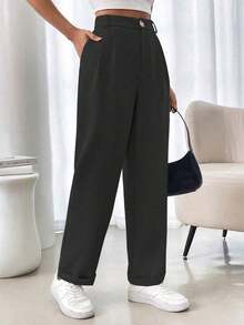 AYYRafferiza Pantalones de traje casuales de mujer de un solo color con pliegues en el bajo y bolsillos, sin estiramientoAYY - Negro - Ver 3