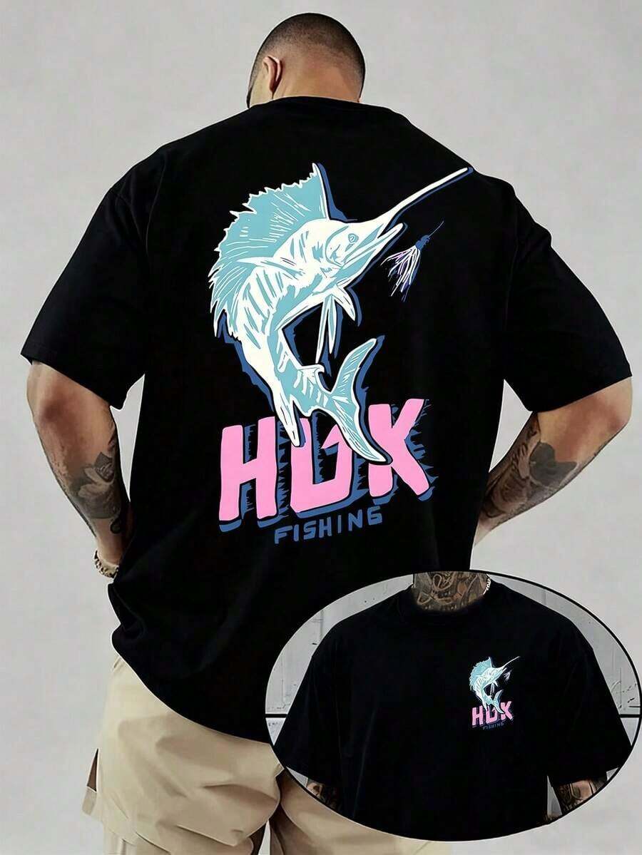 1 HUK Men's Fishing Theme T-Shirt, Short Sleeve T-Shirt With Swordfish Bait Print, Casual And Comfortable Crew Neck T-Shirt, Breathable And Lightweight, Suitable For Sports And Leisure, Spring And Summer T-Shirt, Ideal For Gifts, Suitable For Travel And Daily Use. - 黑色 - 查看 1