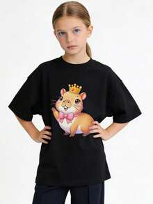 New In 2026 Girls' Summer Short Sleeve T-Shirt With Capybara Applique And Pink Bow. - Karlotta Capybara Print Round Neck Casual Blouse. For Parties And Casual Outfits NY-DX7357 In Spanish Girls' T-Shirt, Kids' T-Shirt, Cotton T-Shirt, Printed T-Shirts - 黑色 - 查看 8