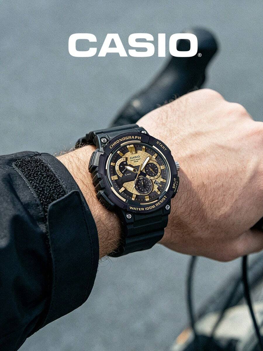 CASIO 黑金配色多功能運動男錶,三圈計時碼錶,100米防水石英腕錶,黑色樹脂錶帶,大錶盤,戶外電子錶,夜光刻度,耐磨防震,學生通勤錶,工裝風,百搭情侶腕錶,實用耐用禮物,男士運動配件 - 黑色 - 查看 1