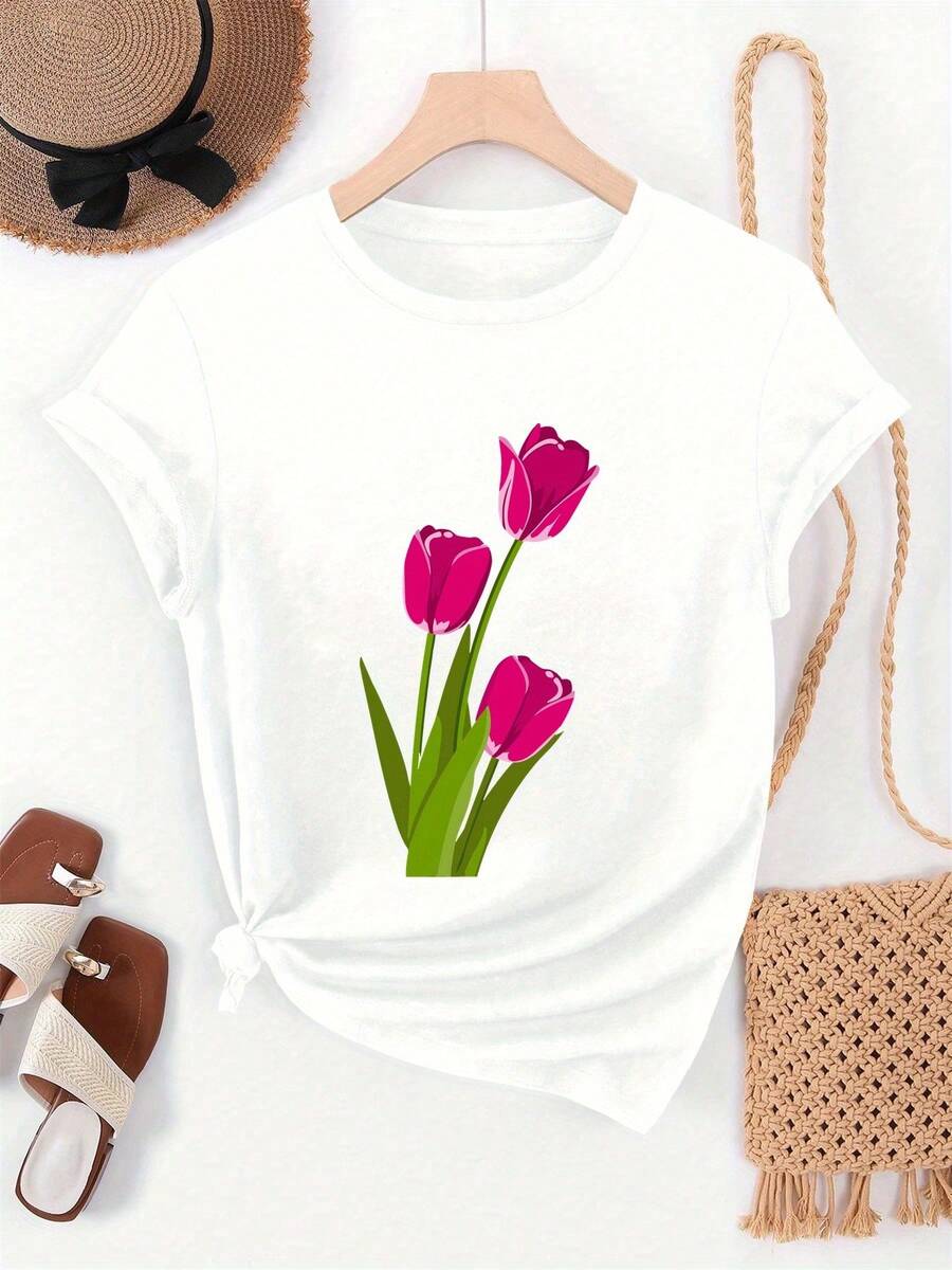 Women's Summer Short Sleeve T-Shirt With Tulip Print, Round Neck, High Quality, 100% Cotton - 白色 - 查看 1