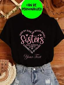 Camiseta casual de manga corta y cuello redondo para mujer "Corazón de Hermanas" personalizada, estampado de patrón en forma de corazón, tela de poliéster, añade tu nombre personalizado impreso en el frente del pecho, regalo de San Valentín - Negro - Ver 6