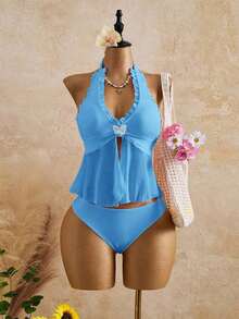 Swim Mod Conjunto de 2 piezas para mujer primavera/verano, decoración de mariposa dulce y linda, malla ligera y transparente con volantes, traje de baño tipo tankini con lazo para vacaciones - Celeste - Ver 10