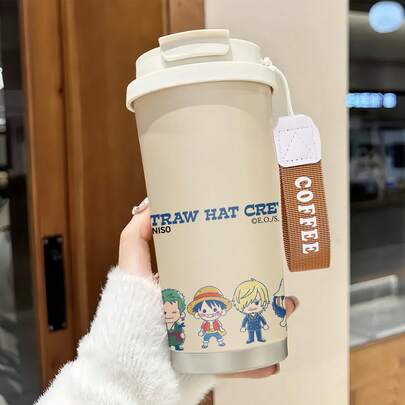 Miniso One Piece Straw Hat Crew Chibi Characters Insulated Coffee Cup With Wrist Strap,Stainless Steel, Coffee Cup With Lid,Dual-Drink Design,