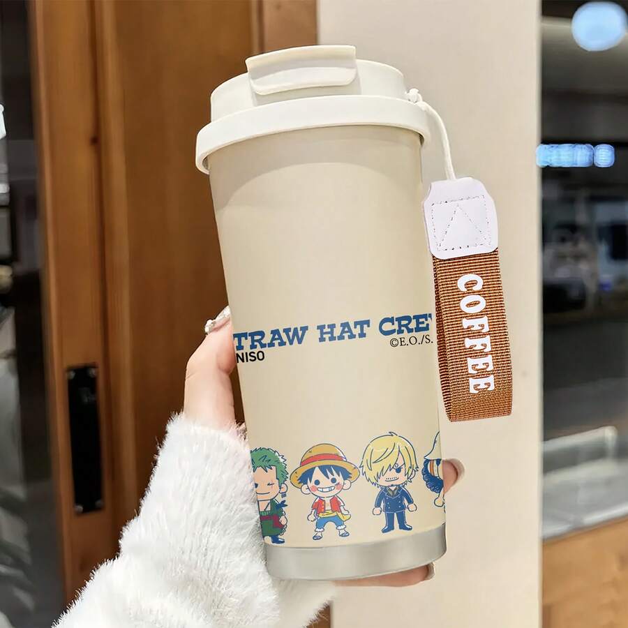 Miniso 海贼王草帽海贼团Q版人物保温咖啡杯,带腕带,不锈钢材质,带盖,双饮设计 - 彩色 - 查看 1