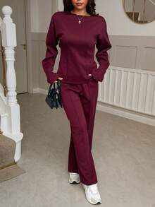 Setelan Sweatshirt dan Celana Panjang Sedang dengan Pinggang Ramping untuk Wanita, Warna Abu-abu. - Burgundy - View 5