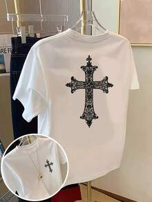 Y2K Style Summer Tops, Short Sleeve T-Shirt With A Charming Cross Design, Featuring A Gothic Style Print - A Spring And Summer Staple For Women, Cotton T-Shirt. - White - View 1