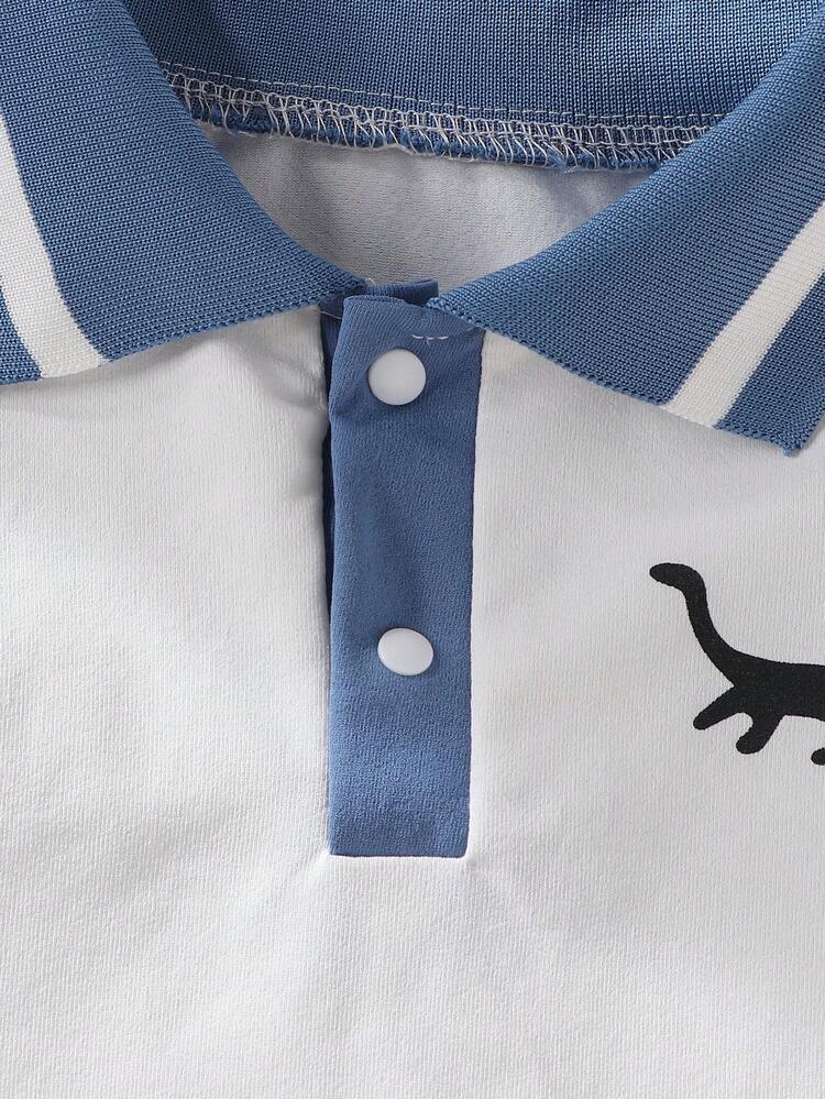 3pcs/Set Baby Boy Summer New Striped Print & Solid Color Polo Collar Outfit Set - Multicolor - View 4