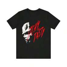 Camiseta Casual de Manga Corta con Estampado Gráfico de Terror en Rojo sobre Algodón Negro, Lavable a Máquina, Ropa Casual Cómoda para Exteriores, Camiseta Casual con Estampado Gráfico de Moda, Camiseta de Corte Relajado, Camiseta Unisex, Hecha de Algodón Puro, 1 Pieza, Camiseta Unisex, Conjuntos Familiares a Juego, Adecuada para Uso Casual Diario, Citas y Salidas de Compras. - Negro - Ver 6