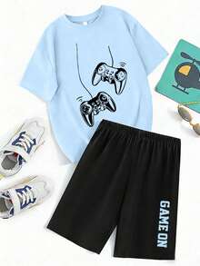 2pcs/Set Teenage Boys' Game Controller Graphic Round Neck T-Shirt + Letter Print Shorts, Comfortable Summer Outfit - Multicolor - View 1