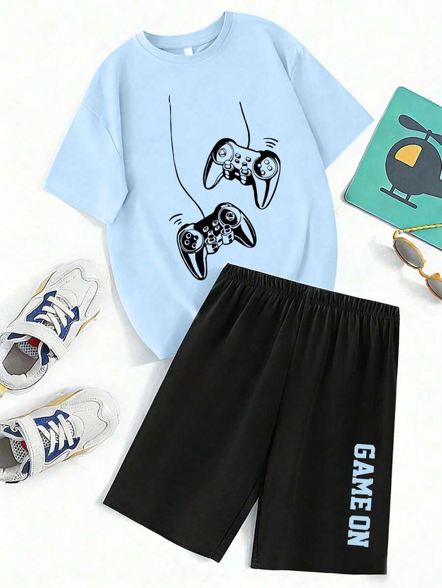 2pcs/Set Teenage Boys' Game Controller Graphic Round Neck T-Shirt + Letter Print Shorts, Comfortable Summer Outfit - Multicolor - View 1
