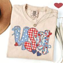 Coquette USA Letter T Shirt Bows Floral Star Gingham Graphic Tee July 4th Independence Day Patriotic Oversized Loose Short Sleeve Tops For Women - 杏色 - 查看 1