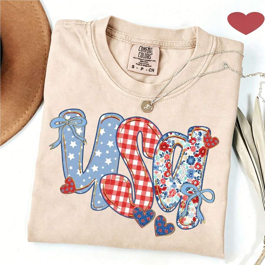 Coquette USA Letter T Shirt Bows Floral Star Gingham Graphic Tee July 4th Independence Day Patriotic Oversized Loose Short Sleeve Tops For Women - 杏色 - 查看 1