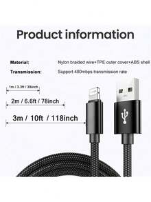 尼龍編織 Lightning 傳輸線，相容 iPhone 17/16/15/Pro Max，公對公 USB 充電數據同步線，霧面質感，5-10W 輸出功率，圓形線身，3.3ft/6.6ft/10ft 可選 - 多色-1 - 查看 7