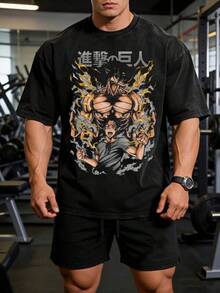 1 pieza Camiseta de hombre estilo urbano lavada con efecto desgastado, marca Streetwear, 100% algodón, estampado de anime Ataque a los Titanes, para gimnasio y entrenamiento.| Camiseta Vintage de Tela Gruesa| Regalo Perfecto| Suelto, Casual, Transpirable| Tela Lavable a Máquina| Estilo Hip Hop Cool| Ropa Drippy| Camiseta de manga corta holgada, suave y transpirable, estilo Y2K, para hombre y mujer, ropa de calle, estilo neutro universal, camisetas de manga corta para uso diario y de ocio. - Negro - Ver 6