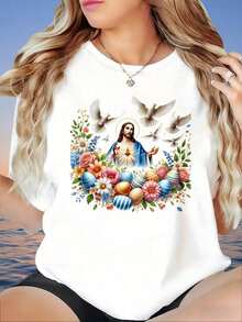 Women's Oversized Short-Sleeved T-Shirt With A Christian Religious Design Featuring The Sacred Heart Of Jesus With Doves, Flowers, And Easter Eggs. A Faith-Inspired Summer Casual Wear. Women's T-Shirt, 220g, 100% Cotton. - 白色 - 查看 1