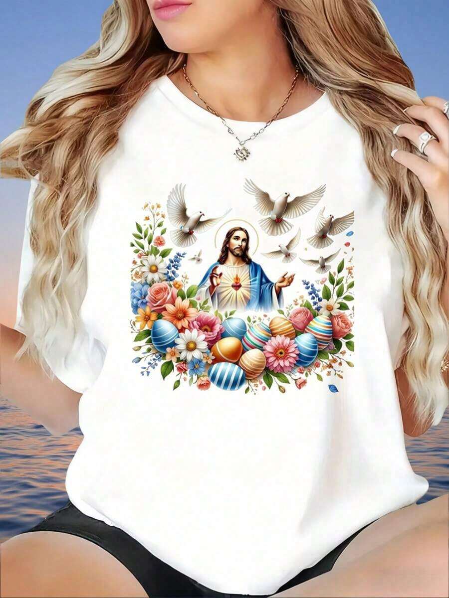 Women's Oversized Short-Sleeved T-Shirt With A Christian Religious Design Featuring The Sacred Heart Of Jesus With Doves, Flowers, And Easter Eggs. A Faith-Inspired Summer Casual Wear. Women's T-Shirt, 220g, 100% Cotton. - 白色 - 查看 1