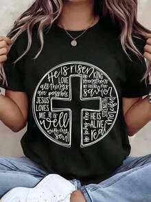 Women's T-Shirt With Christian Cross Print And Inspirational Quotes, Round Neck, Regular Fit, Casual Wear, Easter Gift, He Has Risen, 220g, Loose Fit Blouse - 黑色 - 查看 1