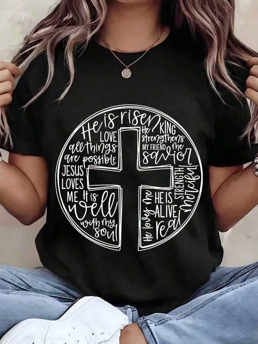 Women's T-Shirt With Christian Cross Print And Inspirational Quotes, Round Neck, Regular Fit, Casual Wear, Easter Gift, He Has Risen, 220g, Loose Fit Blouse - 黑色 - 查看 1