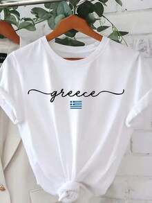 Women's Short-Sleeved T-Shirt, 100% Cotton, With A "Greece" Print, Round Neck, Casual Style With A Greek Flag Design. Suitable As A Gift. Women's T-Shirt. Elegant Blouses. Boho Chic. Soft, Breathable, And Comfortable Women's Top, Ideal For Spring, Summer, And Autumn, Perfect For Vacations, Travel, And Everyday Wear. - 白色 - 查看 7