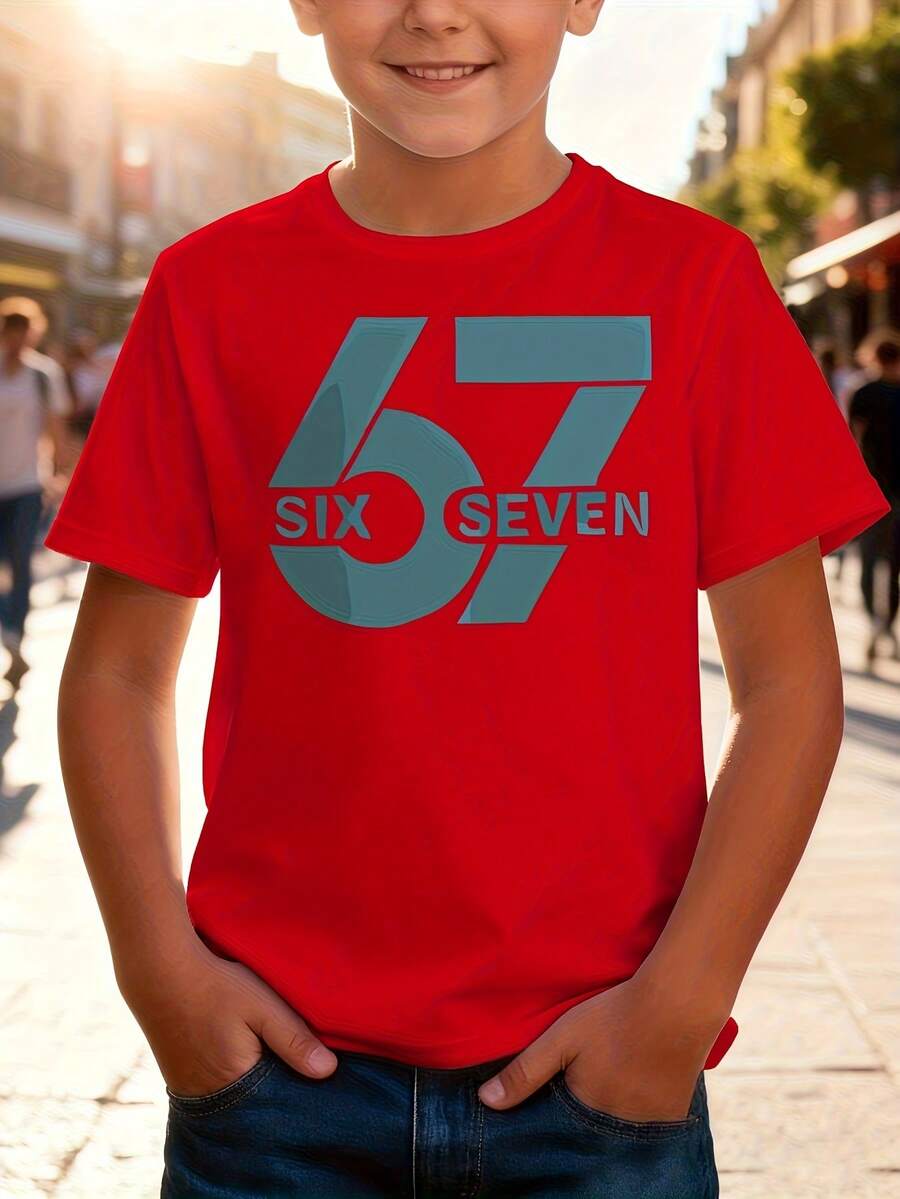 SIX SEVEN Graphic T-Shirt Number Six And Seven - Short Sleeve Cotton Casual Summer T-Shirt With Number Print, Round Neck, Comfortable Casual Wear For Playing, Easy Care - 紅色 - 查看 1