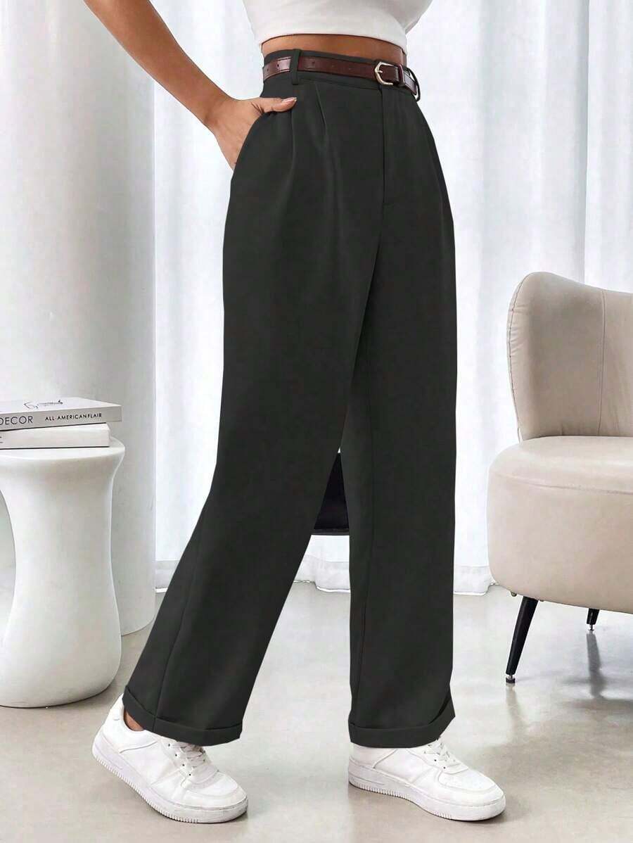 AYYRafferiza Pantalones de traje casuales de mujer de un solo color con pliegues en el bajo y bolsillos, sin estiramientoAYY - Negro - Ver 1