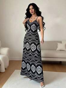 Vestido casual de vacaciones con estampado retro Perris para mujer - Negro - Ver 7
