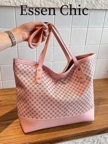 1pc Pink Vintage Floral PU Tote Bag For Women, Large Capacity With Metal Bowknot Rivet Decor, Summer New Arrival - Pink - View 7