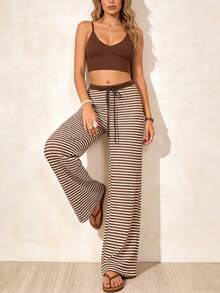 Women's Casual Vacation Style Colorblock Striped Drawstring Waist Loose Wide Leg Long Pants - Multicolor - View 5