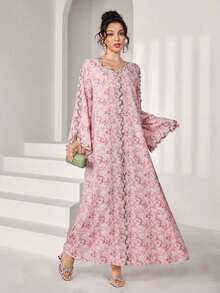Al Najma Vestido holgado de manga larga con bordado elegante para mujeres - Multicolor - Ver 4