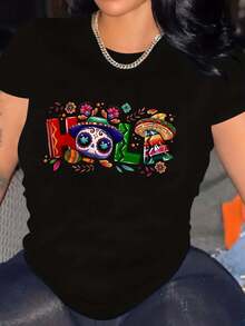 Stylish And Modern Street Style - Fashionable Casual T-Shirt With Mexican Day Of The Dead Print, Round Neck, Short Sleeve, Sporty, Women's Clothing - 黑色 - 查看 6