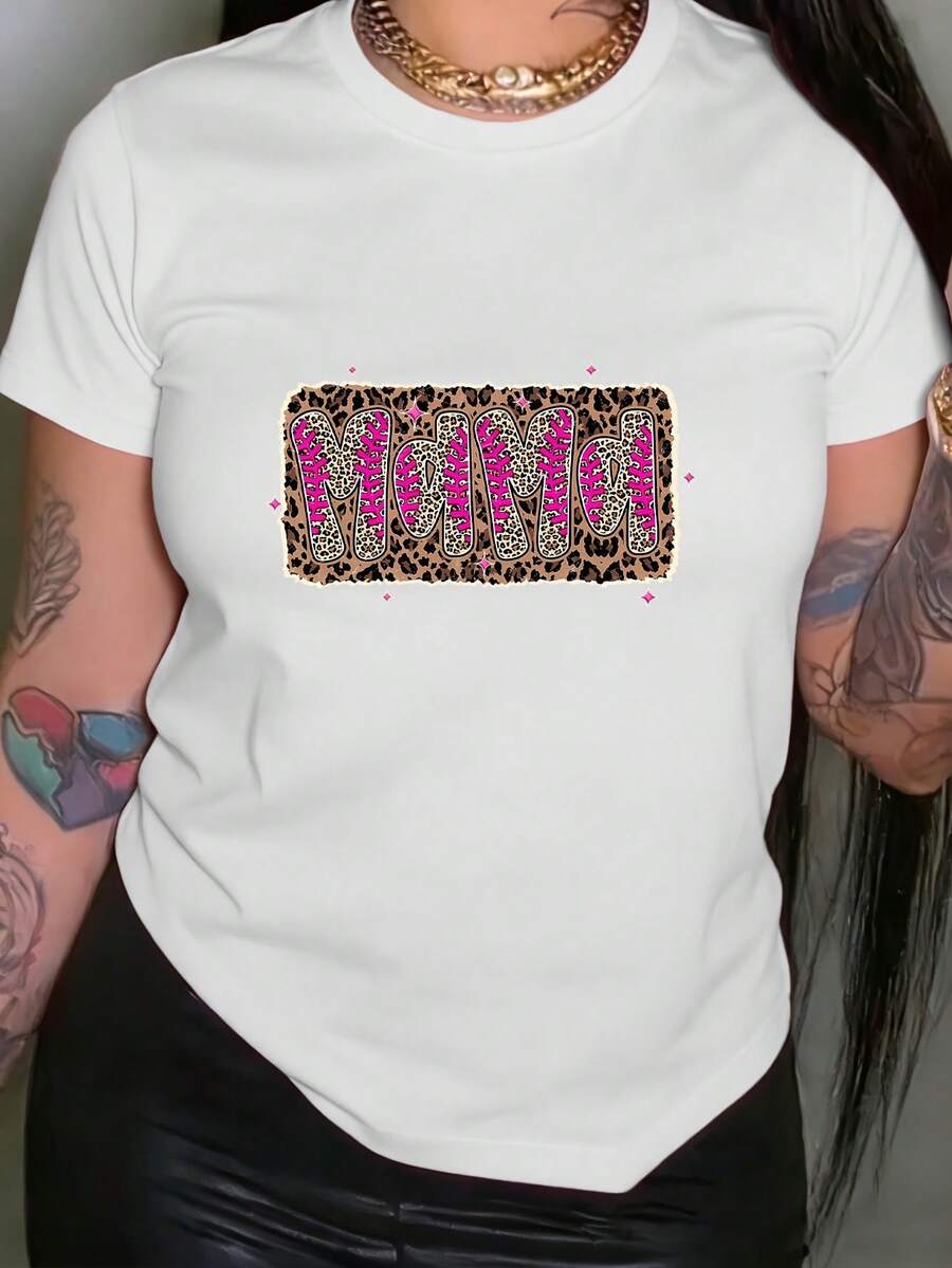 Women's T-Shirt With Mom Print, Casual Short Sleeve Top With Round Neck, Women's Clothing For Spring And Summer. - 白色 - View 1