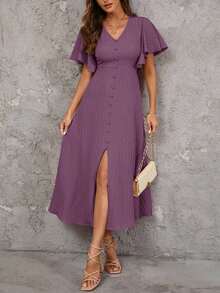 Clasi Vestido de unicolor con botones al frente, manga mariposa y abertura al muslo de longitud hasta el muslo para mujer - Púrpura polvoriento - Ver 5